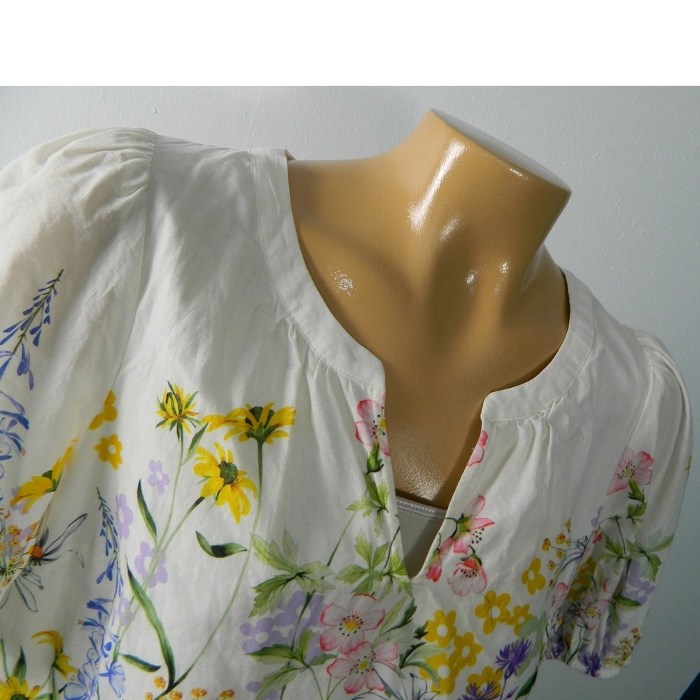 Talbots Floral Blouse Womens Medium White Wildflower Puff Sleeve Cotton Lined - Picture 3 of 7